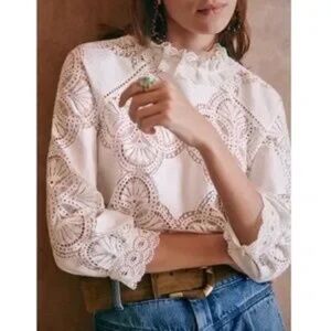 NWT Sezane White Lace Bacall Blouse - 36